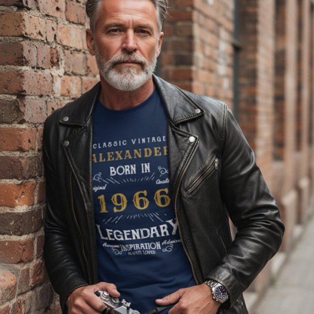 60th Birthday Add Your Name Born 1966 Legendary T-Shirt (60th birthday t-shirt worn under a leather jacket in a street scene.)
