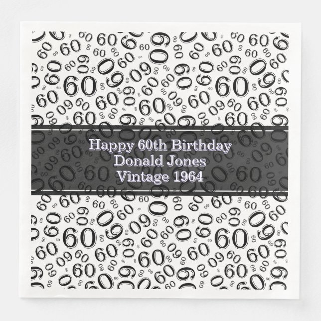60th Birthday Age Number Pattern Black/White Paper Dinner Napkins (Front)