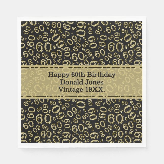 60th Birthday Age Number Pattern Gold/Black Napkins (Front)