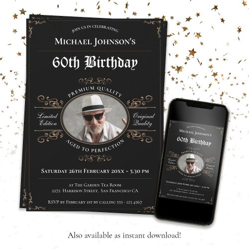 60th Birthday Aged to Perfection Black Gold Classy Invitation