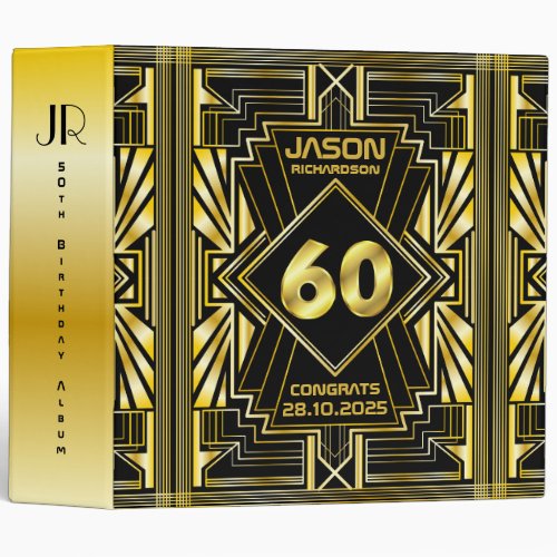 60th Birthday Art Deco Gold Black Great Gatsby 3 Ring Binder