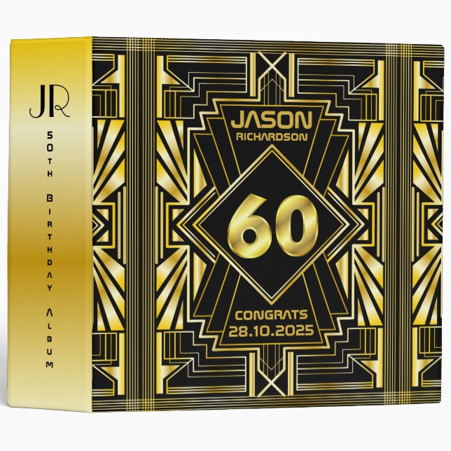 60th Birthday Art Deco Gold Black Great Gatsby 3 Ring Binder (Front/Spine)