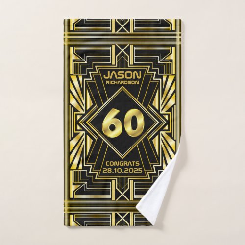 60th Birthday Art Deco Gold Black Great Gatsby Hand Towel