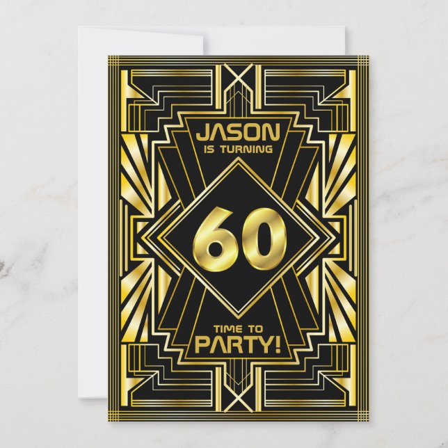 60th Birthday Art Deco Gold Black Great Gatsby Invitation (Front)