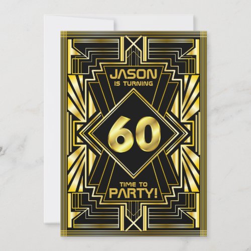 60th Birthday Art Deco Gold Black Great Gatsby Invitation
