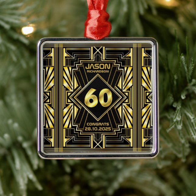 60th Birthday Art Deco Gold Black Great Gatsby Metal Ornament (Tree)