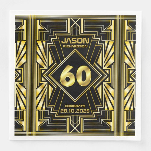 60th Birthday Art Deco Gold Black Great Gatsby Paper Dinner Napkins