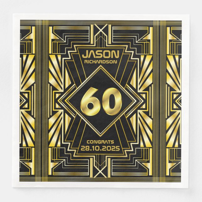 60th Birthday Art Deco Gold Black Great Gatsby Paper Dinner Napkins (Front)
