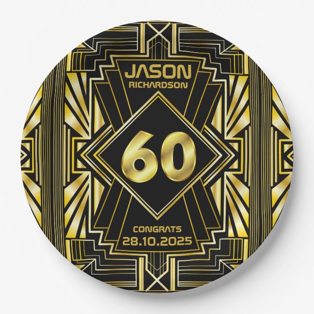 60th Birthday Art Deco Gold Black Great Gatsby Paper Plates (Front)
