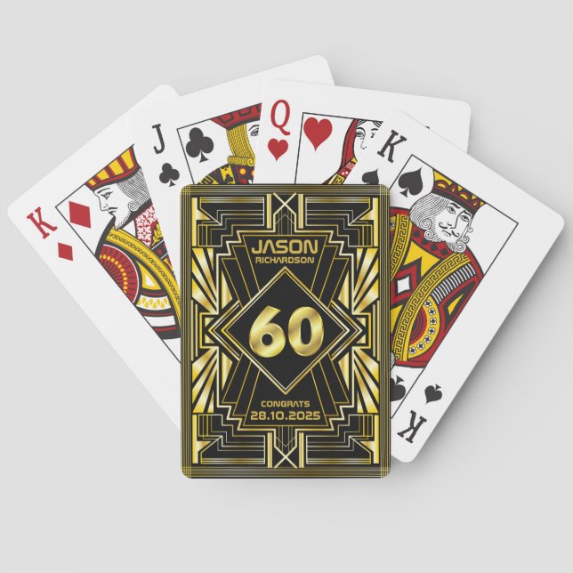 60th Birthday Art Deco Gold Black Great Gatsby Poker Cards (Back)