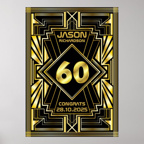 60th Birthday Art Deco Gold Black Great Gatsby Poster