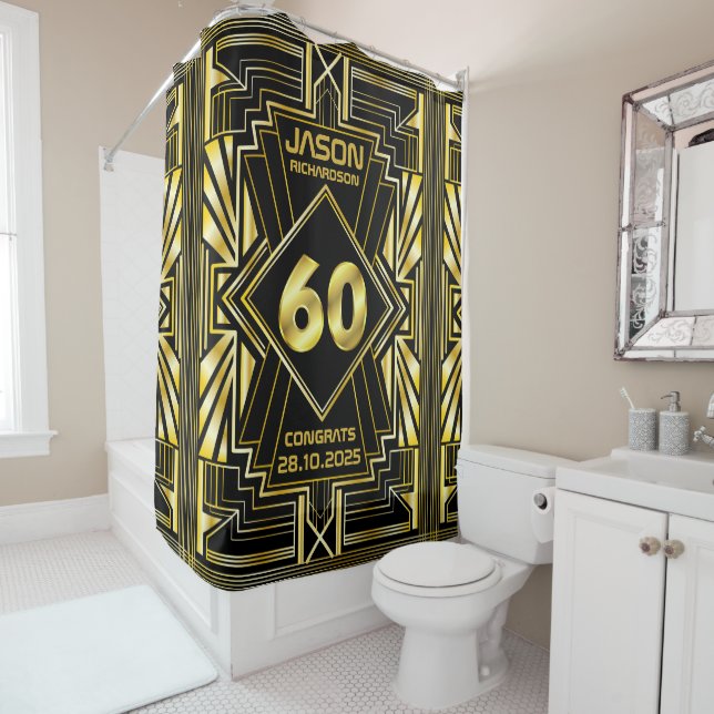 60th Birthday Art Deco Gold Black Great Gatsby Shower Curtain (In Situ)