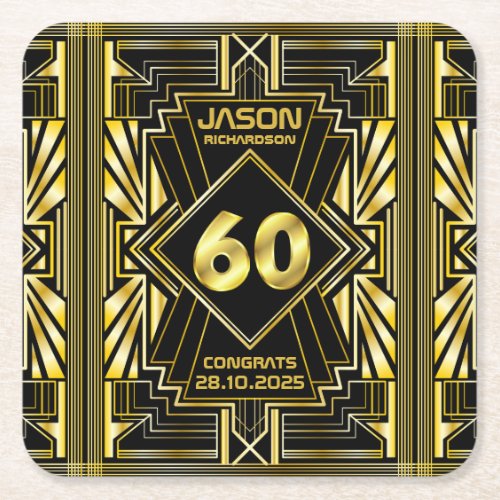 60th Birthday Art Deco Gold Black Great Gatsby Square Paper Coaster