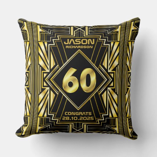 60th Birthday Art Deco Gold Black Great Gatsby Throw Pillow