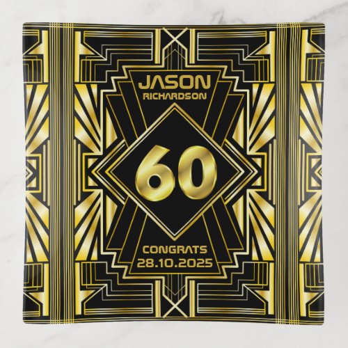 60th Birthday Art Deco Gold Black Great Gatsby Trinket Tray