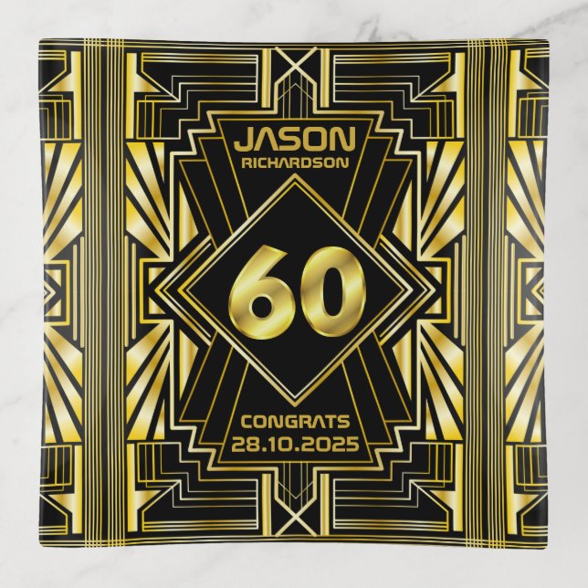 60th Birthday Art Deco Gold Black Great Gatsby Trinket Tray (Front)