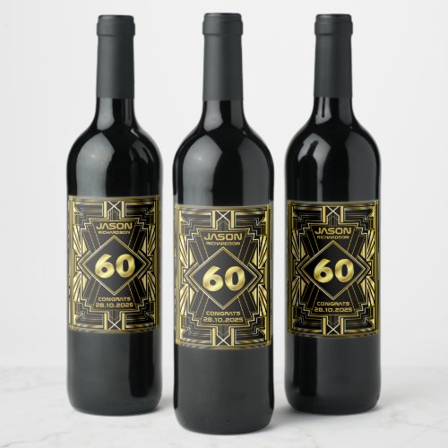 60th Birthday Art Deco Gold Black Great Gatsby Wine Label