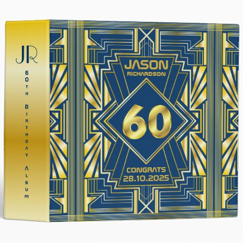 60th Birthday Art Deco Gold Blue Great Gatsby 3 Ring Binder