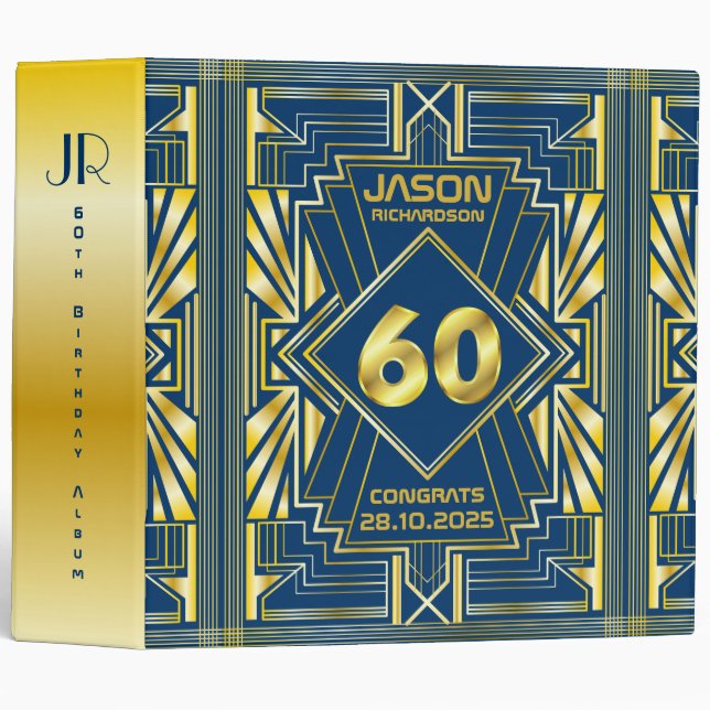 60th Birthday Art Deco Gold Blue Great Gatsby 3 Ring Binder (Front/Spine)