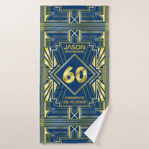 60th Birthday Art Deco Gold Blue Great Gatsby Bath Towel