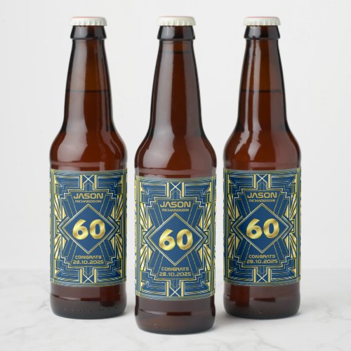 60th Birthday Art Deco Gold Blue Great Gatsby Beer Bottle Label