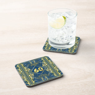 60th Birthday Art Deco Gold Blue Great Gatsby Beverage Coaster