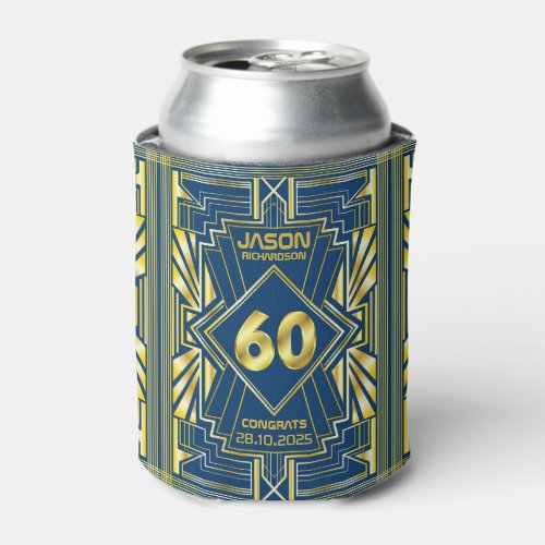 60th Birthday Art Deco Gold Blue Great Gatsby Can Cooler