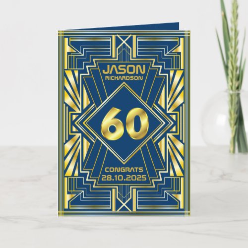 60th Birthday Art Deco Gold Blue Great Gatsby Card