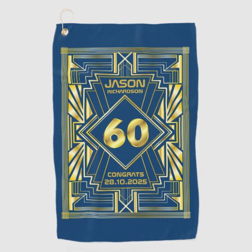 60th Birthday Art Deco Gold Blue Great Gatsby Golf Towel