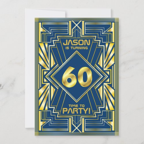 60th Birthday Art Deco Gold Blue Great Gatsby Invitation