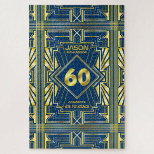 60th Birthday Art Deco Gold Blue Great Gatsby Jigsaw Puzzle