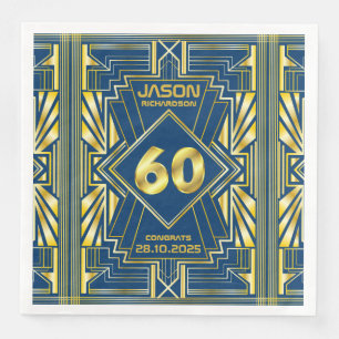 60th Birthday Art Deco Gold Blue Great Gatsby Paper Dinner Napkins