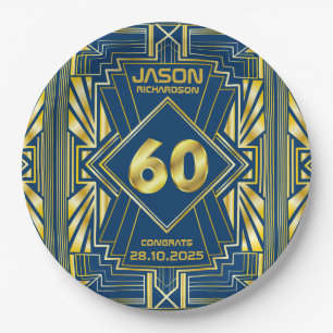 60th Birthday Art Deco Gold Blue Great Gatsby Paper Plates