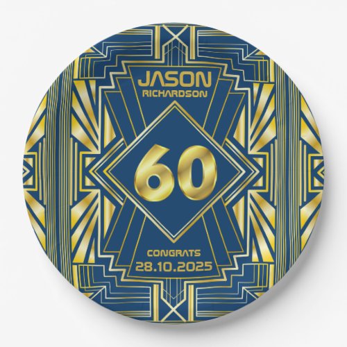 60th Birthday Art Deco Gold Blue Great Gatsby Paper Plates