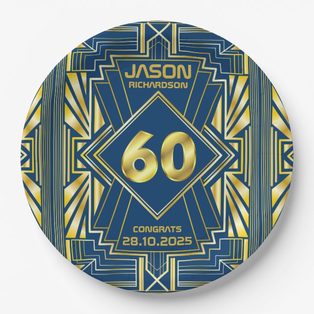 60th Birthday Art Deco Gold Blue Great Gatsby Paper Plates (Front)