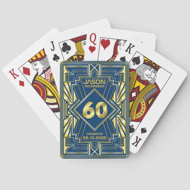 60th Birthday Art Deco Gold Blue Great Gatsby Poker Cards (Back)