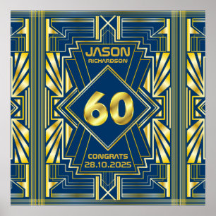 60th Birthday Art Deco Gold Blue Great Gatsby Poster