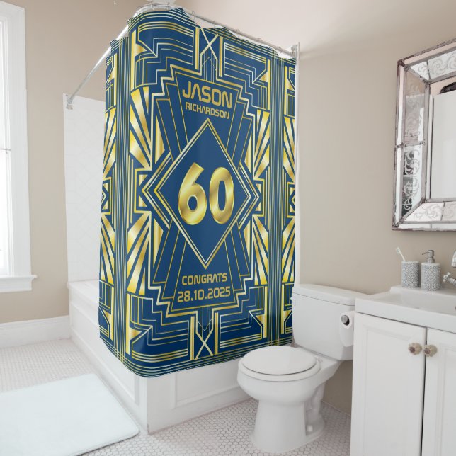 60th Birthday Art Deco Gold Blue Great Gatsby Shower Curtain (In Situ)