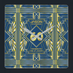 60th Birthday Art Deco Gold Blue Great Gatsby Square Wall Clock<br><div class="desc">Celebrate your milestone birthday in style with this unique Art Deco-style,  Great Gatsby-inspired design featuring geometric shapes in bright gold over dark blue background. An elegant,  classy,  gender neutral look perfect for commemorating that special birthday with the jazz-infused taste of the Roaring Twenties.</div>