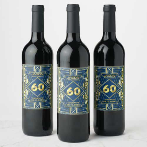 60th Birthday Art Deco Gold Blue Great Gatsby Wine Label