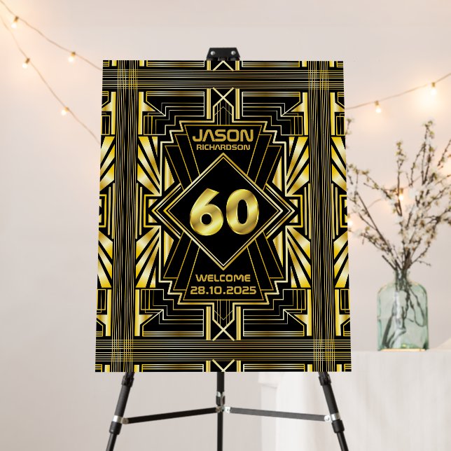 60th Birthday Art Deco Great Gatsby Welcome Gold  Foam Board (In Situ (Stand))