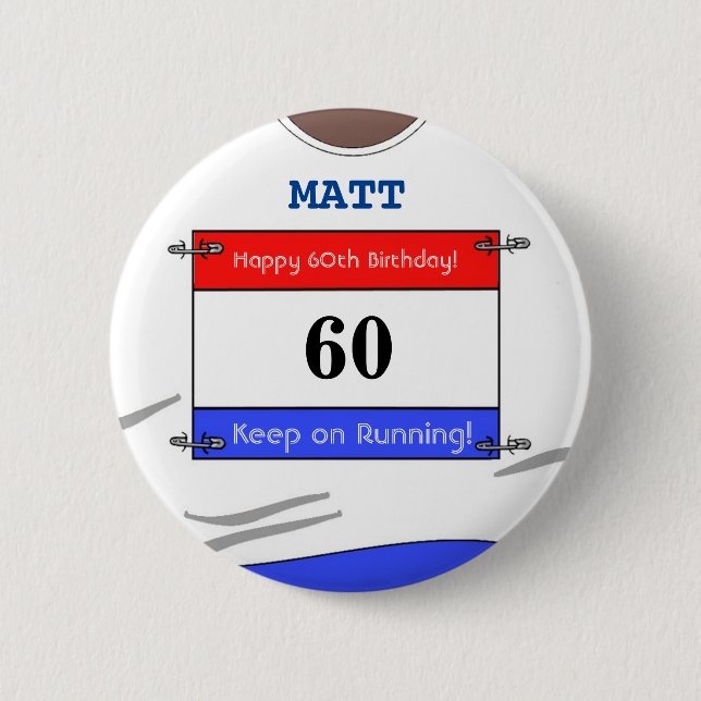 60th Birthday Badge for a Runner (White Top) Button (Front)