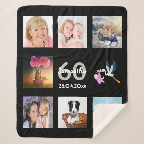 60th birthday balck photo collage monogram sherpa blanket