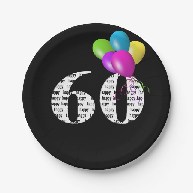 60th birthday balloon bouquet paper plates (Front)