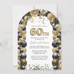 60th Birthday Balloon Gold Black Sparkle Invitation