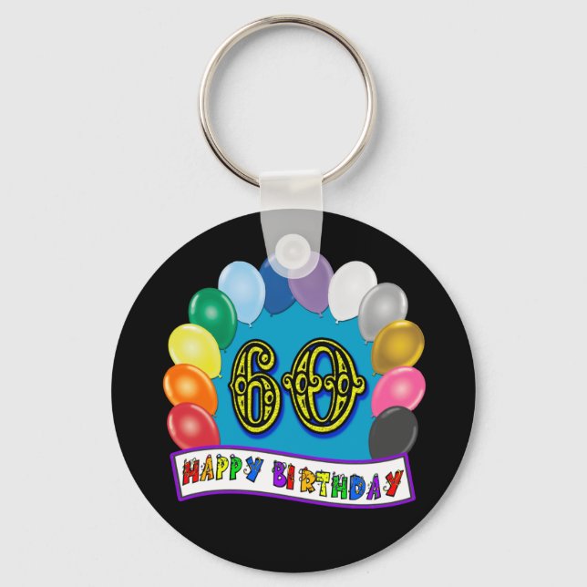 60th Birthday Balloons Happy Birthday Keychain (Front)