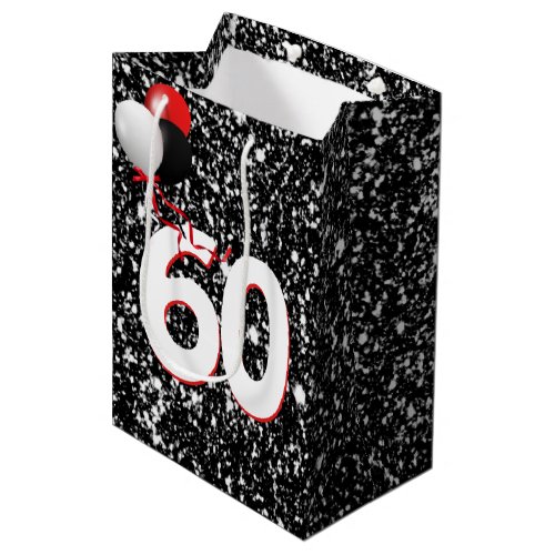 60th Birthday Balloons on Black Glitter Medium Gift Bag