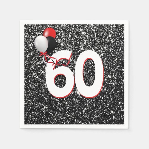 60th Birthday Balloons on Black Glitter Napkins