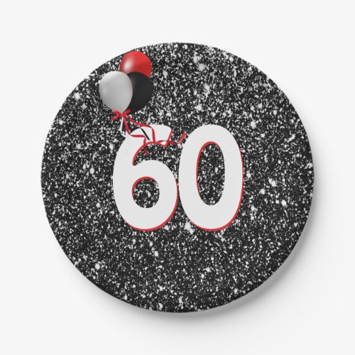 60th Birthday Balloons on Black Glitter Paper Plates