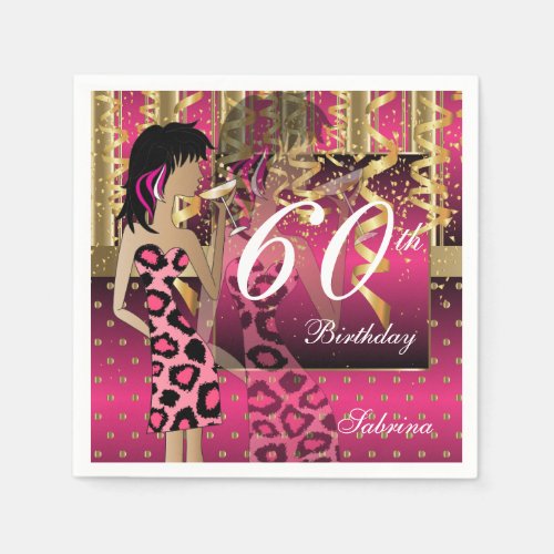 60th Birthday Bash Girl Party in Pink and Gold Paper Napkins